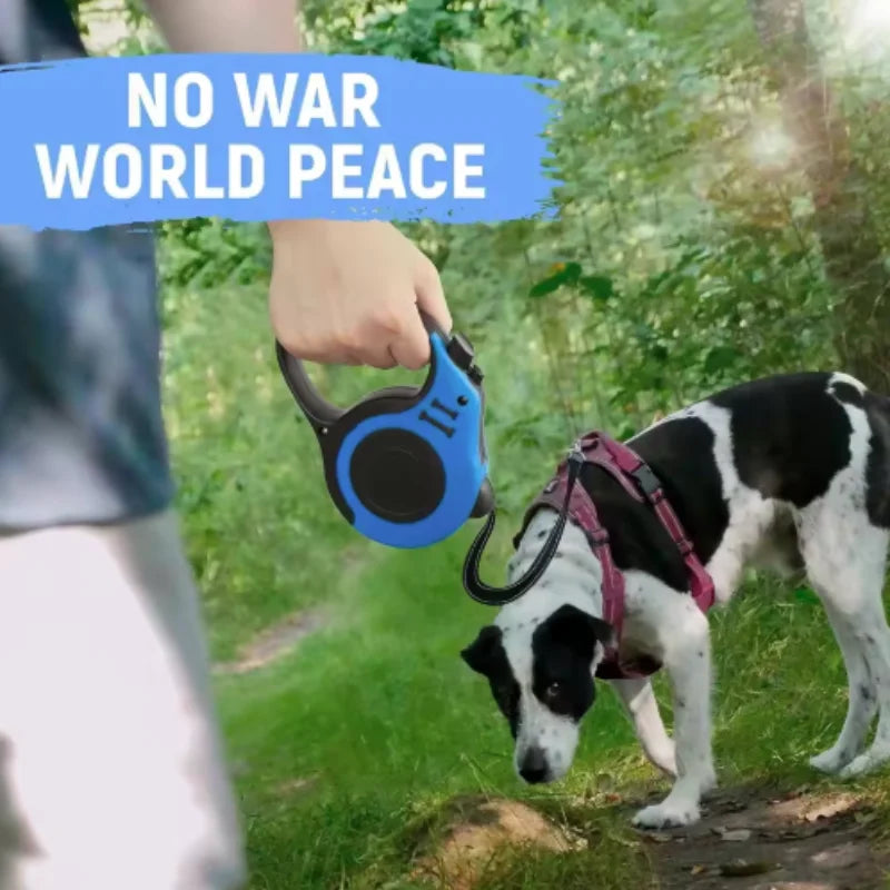 Dog on a leash with 'No War World Peace' text overlay