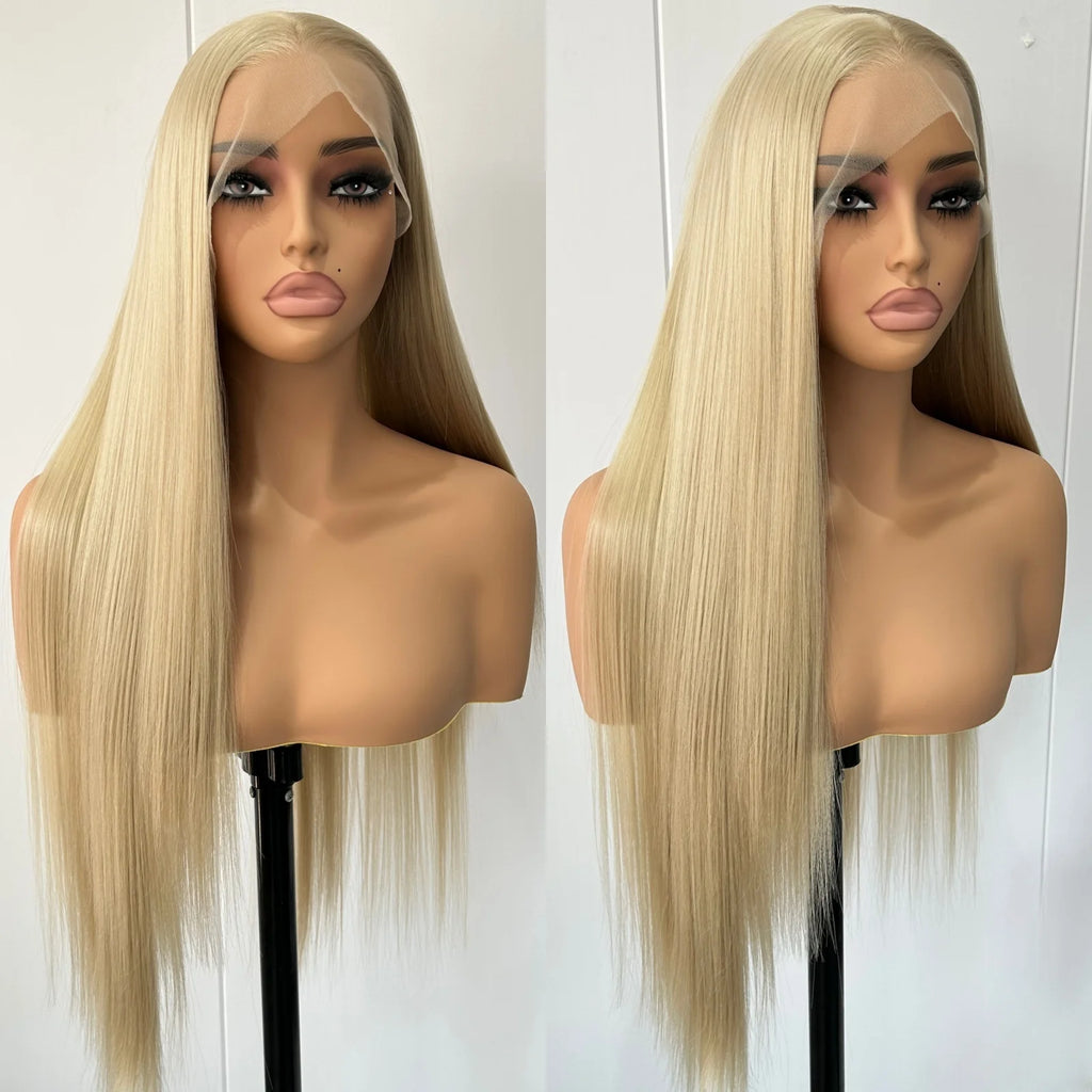 A long straight blonde wig displayed on a mannequin head and stand, shown in a side-by-side split view against a plain light background.