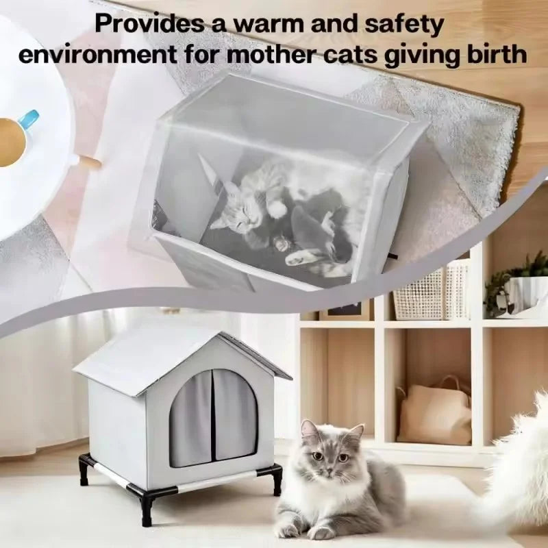 Cat house with text indicating it provides a safe environment for mother cats giving birth.