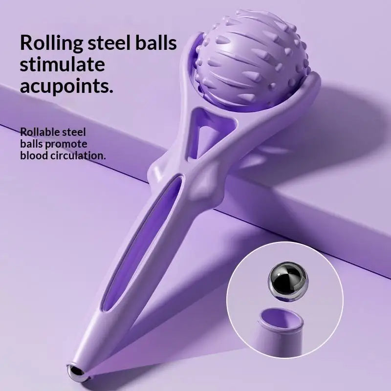 Purple handheld roller with rolling steel balls on a purple background