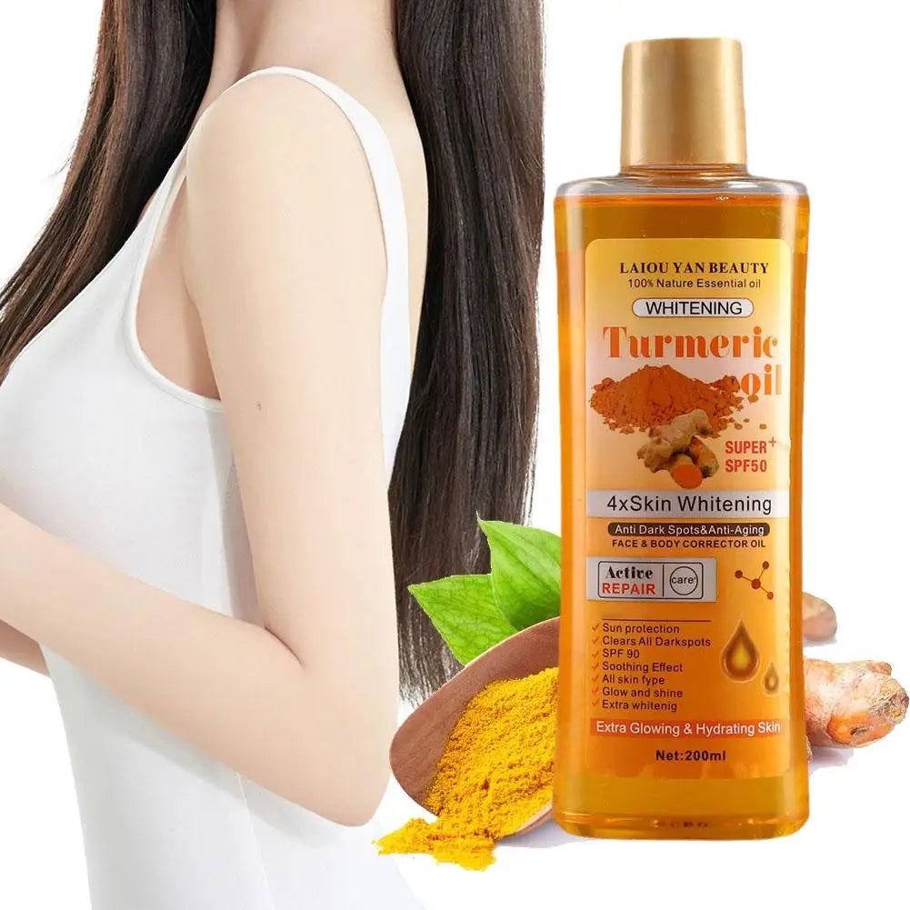 Laiou Yan Beauty Turmeric oil bottle with a woman's arm and turmeric ingredients on a white background