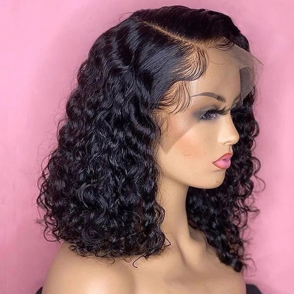 Mannequin head with a black curly wig against a pink background