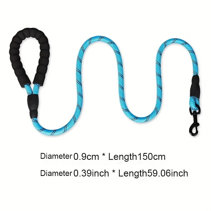Blue dog leash with black connectors on a white background