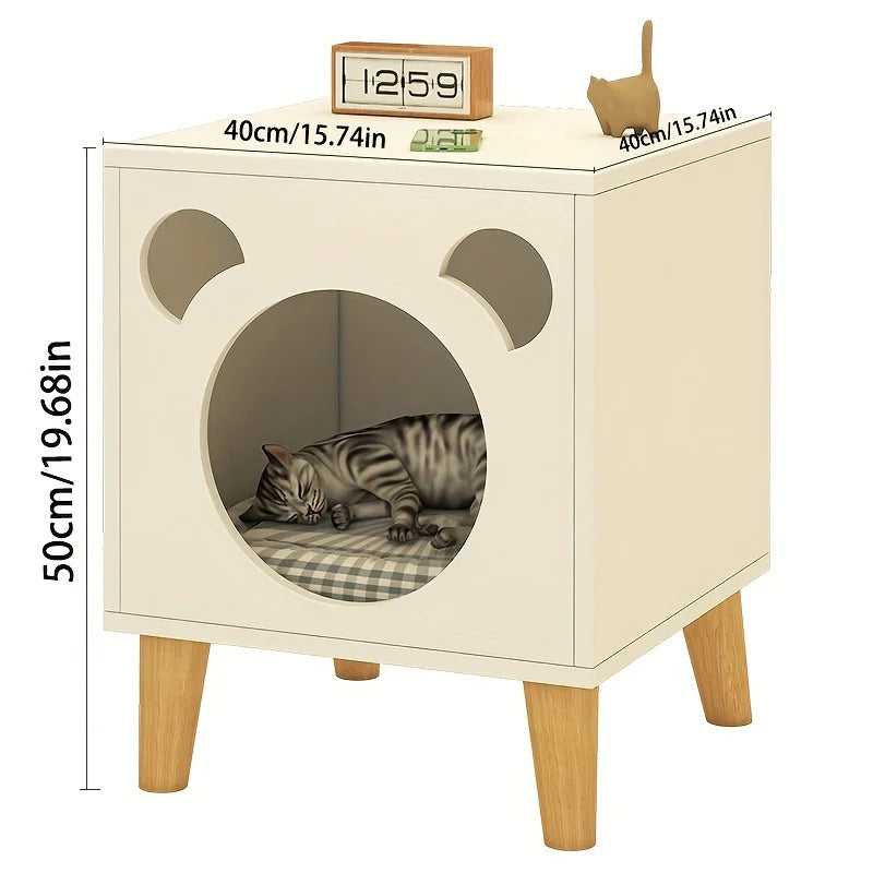 Cat bed with dimensions displayed, featuring a cat inside.
