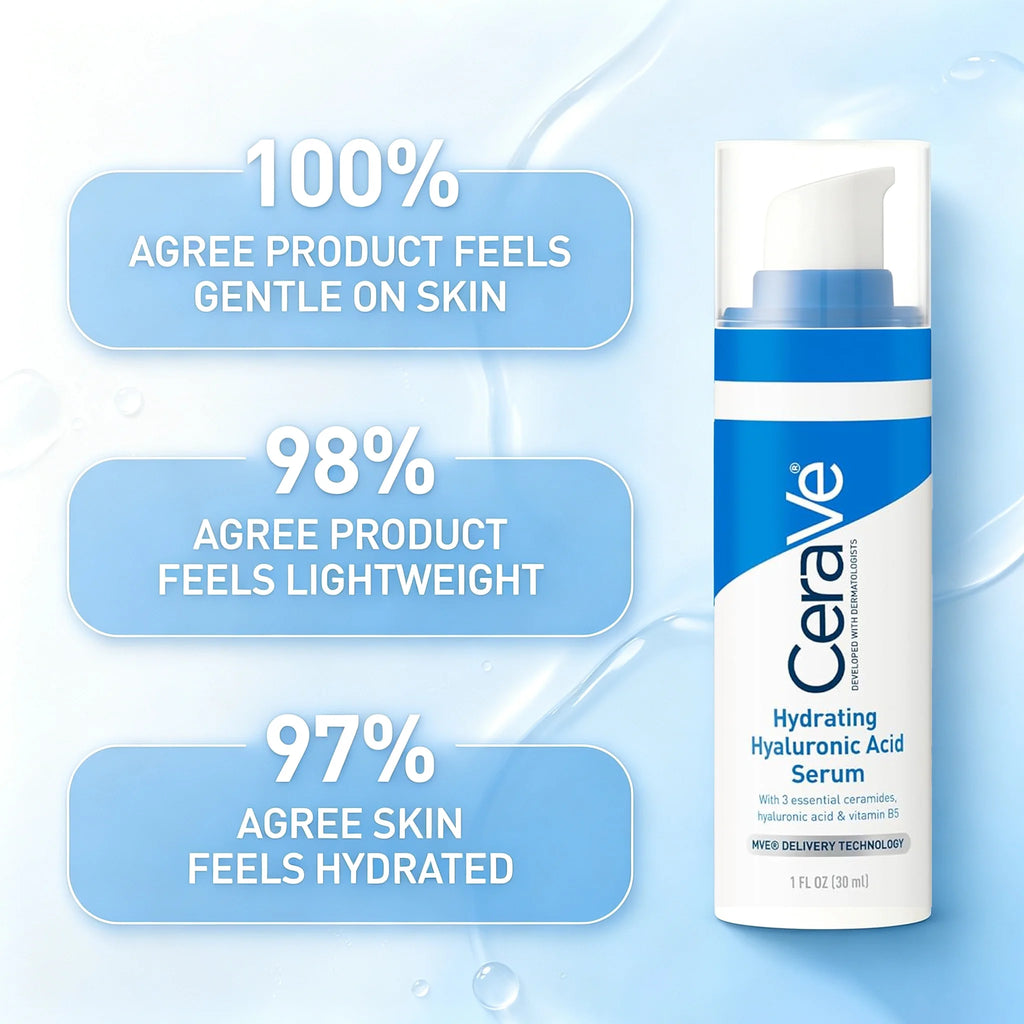 CeraVe Hydrating Hyaluronic Acid Serum bottle shown on a light blue graphic background with three blue callout badges reading product claims: 100% agree product feels gentle on skin, 98% agree product feels lightweight, and 97% agree skin feels hydrated.