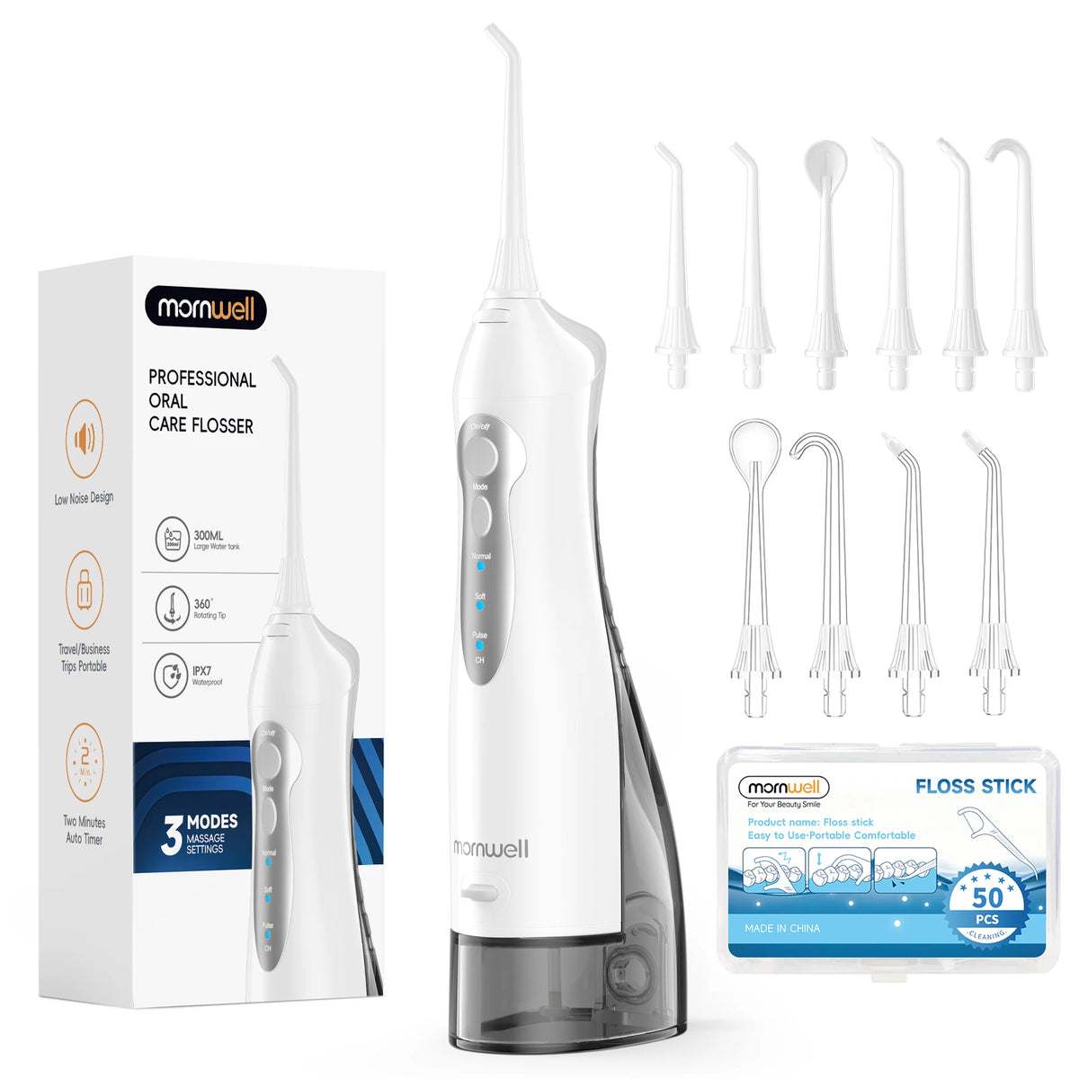 Mornwell dental flosser with packaging and additional floss sticks on a white background