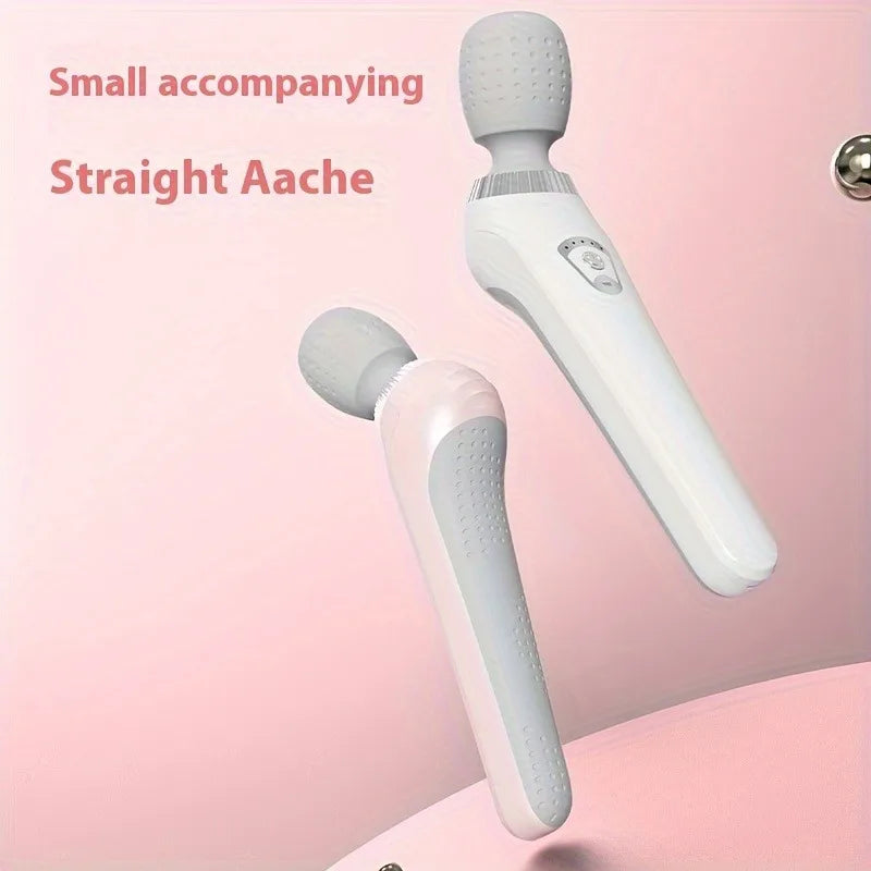 Two white massage guns on a pink background with text 'Small accompanying Straight Aache'.