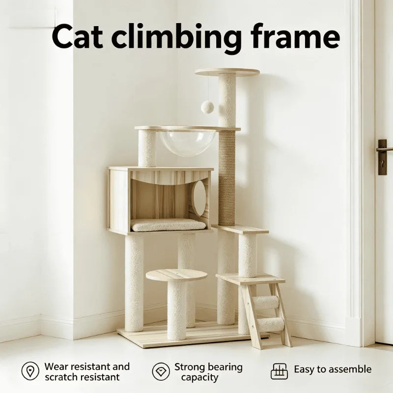 Multi-Level Wooden Cat Tree Condo – Modern Indoor Cat Activity Tower with Plush Perches & Scratching Posts