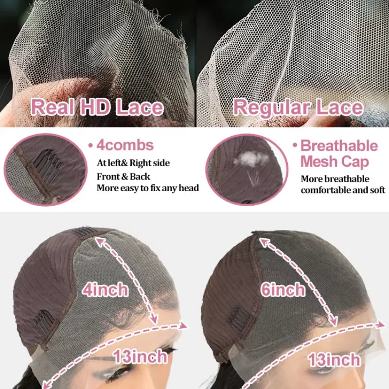 Comparison of Real HD Lace and Regular Lace with measurements and features highlighted.