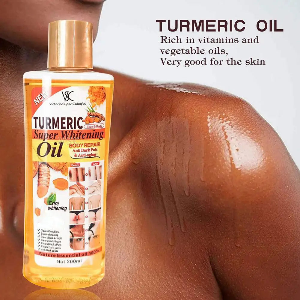 Turmeric oil bottle with a person applying oil to their skin