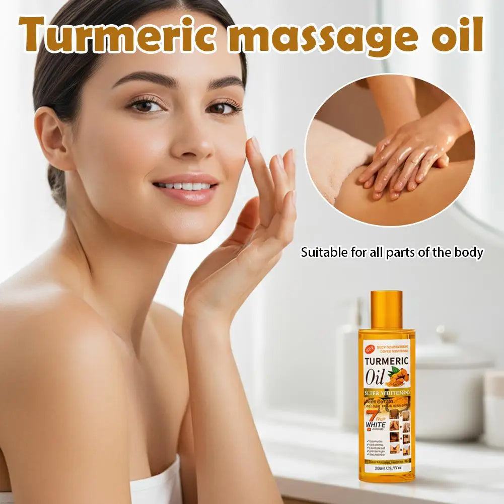 Woman with turmeric massage oil bottle and application on skin