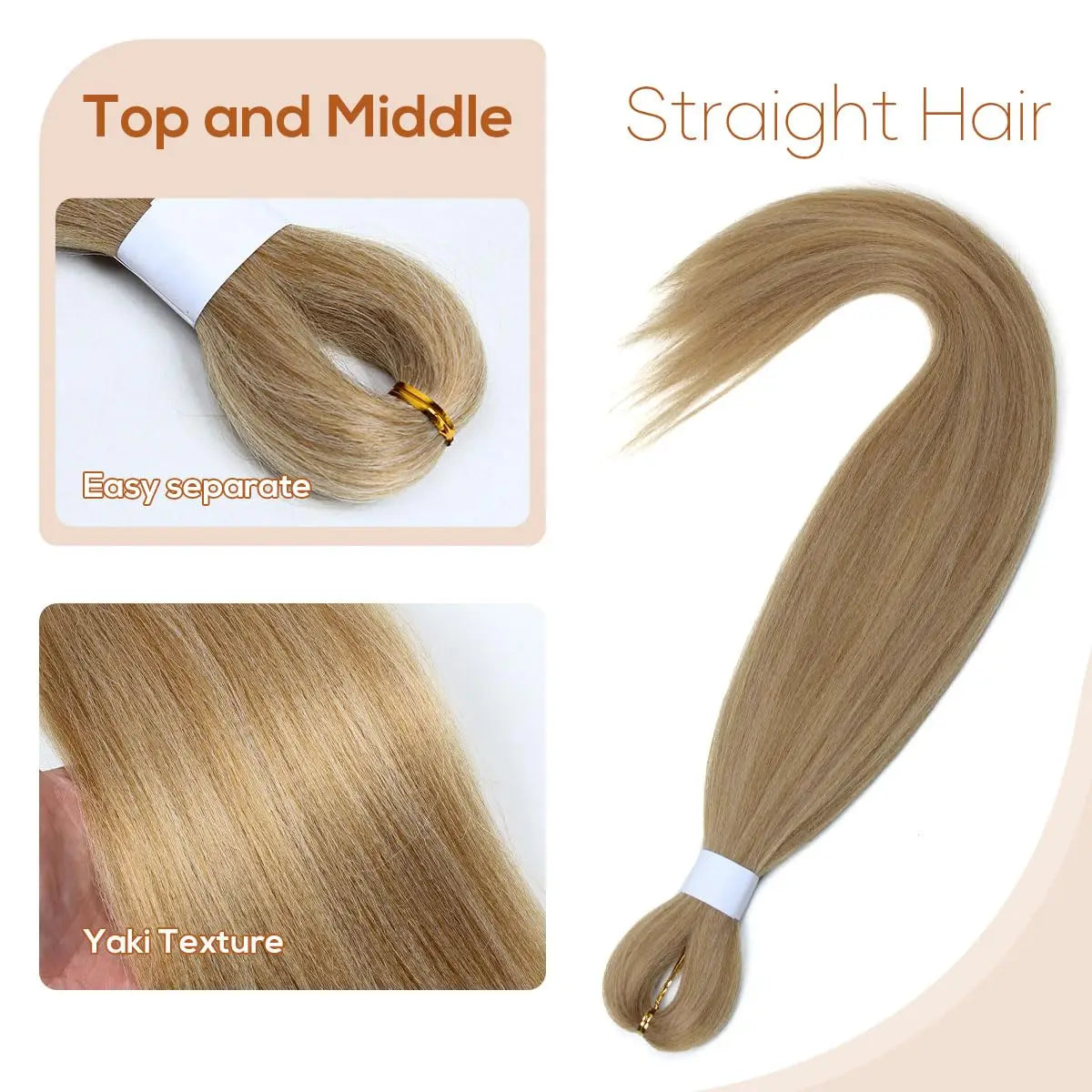Blonde hair extensions with text indicating top and middle, straight hair, easy separate, and yaki texture.