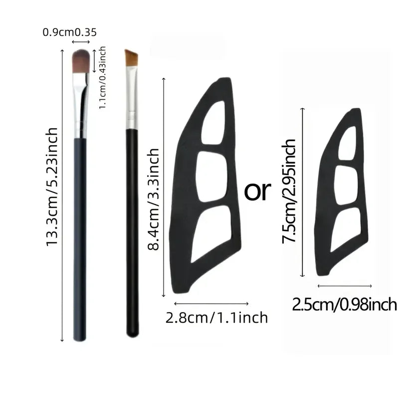 Measurement chart of a makeup brush and two black wing-shaped objects on a white background.