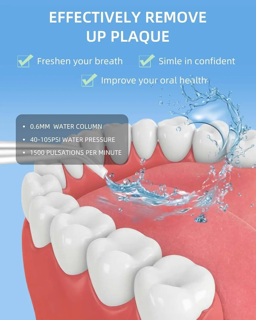 Teeth being cleaned by a water flosser with text on effectiveness and benefits.