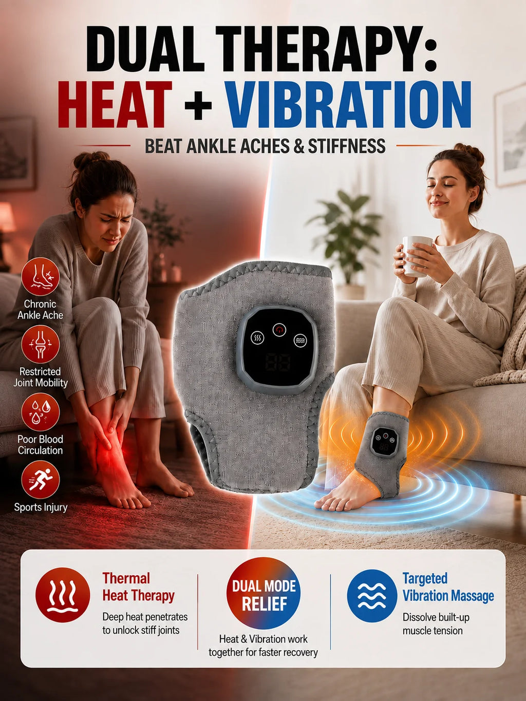 An advertisement for a dual therapy ankle massager showing a gray fabric device with a digital control screen in the center, flanked by two women sitting in living room settings demonstrating its use. The left side shows a woman holding her foot with red heat indicators, and the right side shows a woman using the device on her ankle with blue vibration wave graphics.