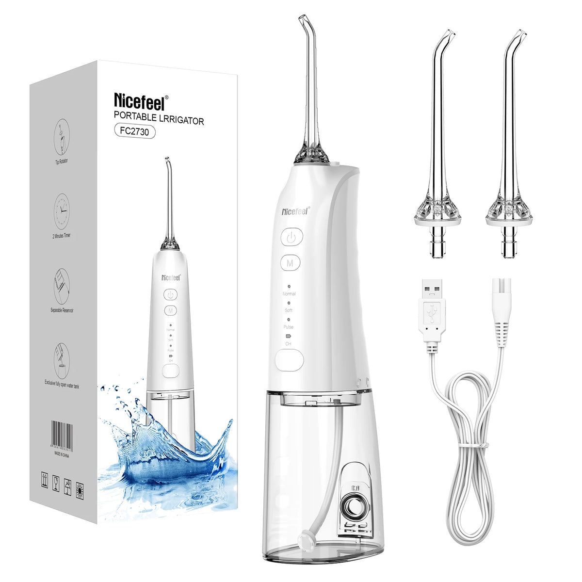 White portable water flosser shown with its retail box, two nozzle tips, and a USB charging cable on a clean white background. The box reads Nicefeel Portable Irrigator (FC270).