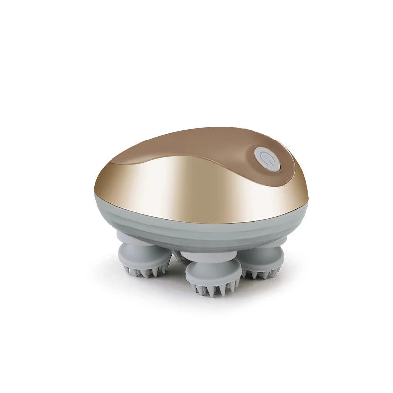 A handheld scalp massager with a metallic champagne-gold top shell and light gray silicone massage bristles, shown on a clean white background.