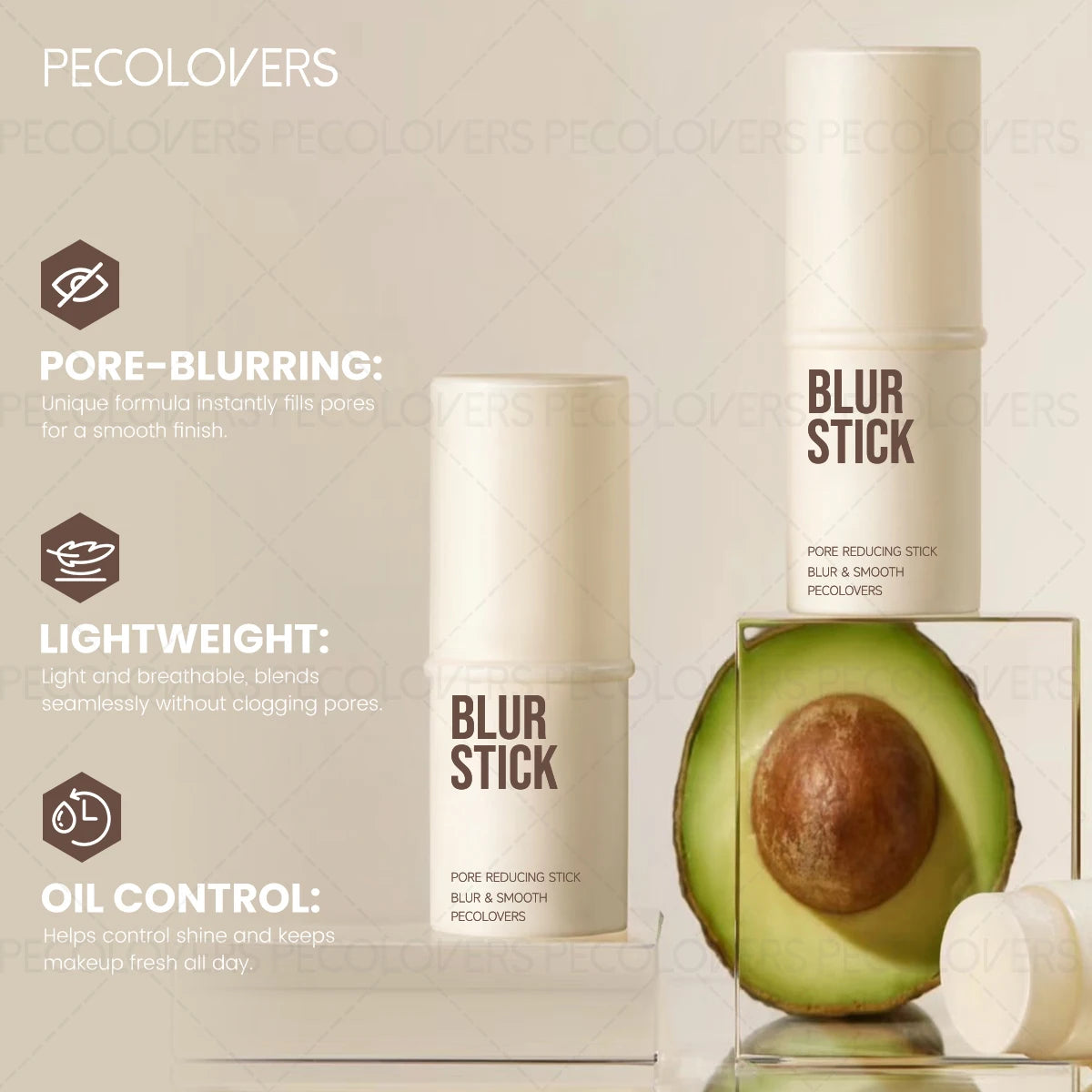 Two Blur Stick containers with an avocado and text highlighting features on a beige background