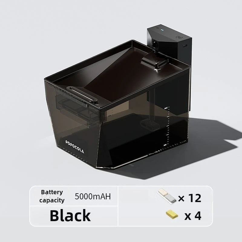 A black Popocoll portable power station with a translucent dark gray front panel, shown on a light gray background with a text overlay detailing battery capacity and included accessories.