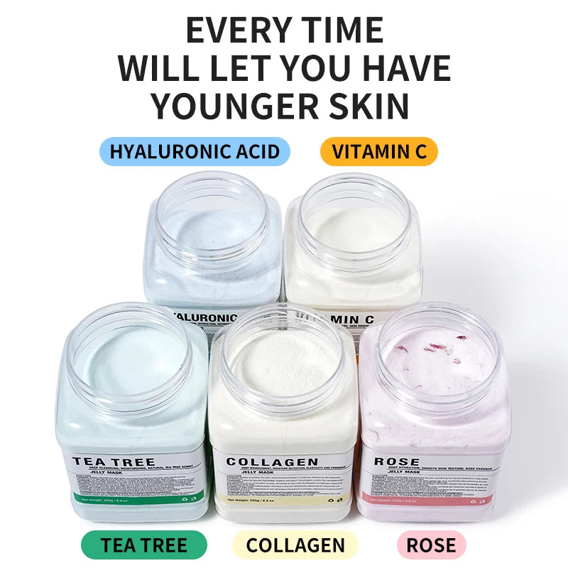 Five skincare jars with labels for hyaluronic acid, vitamin C, tea tree, collagen, and rose on a white background.