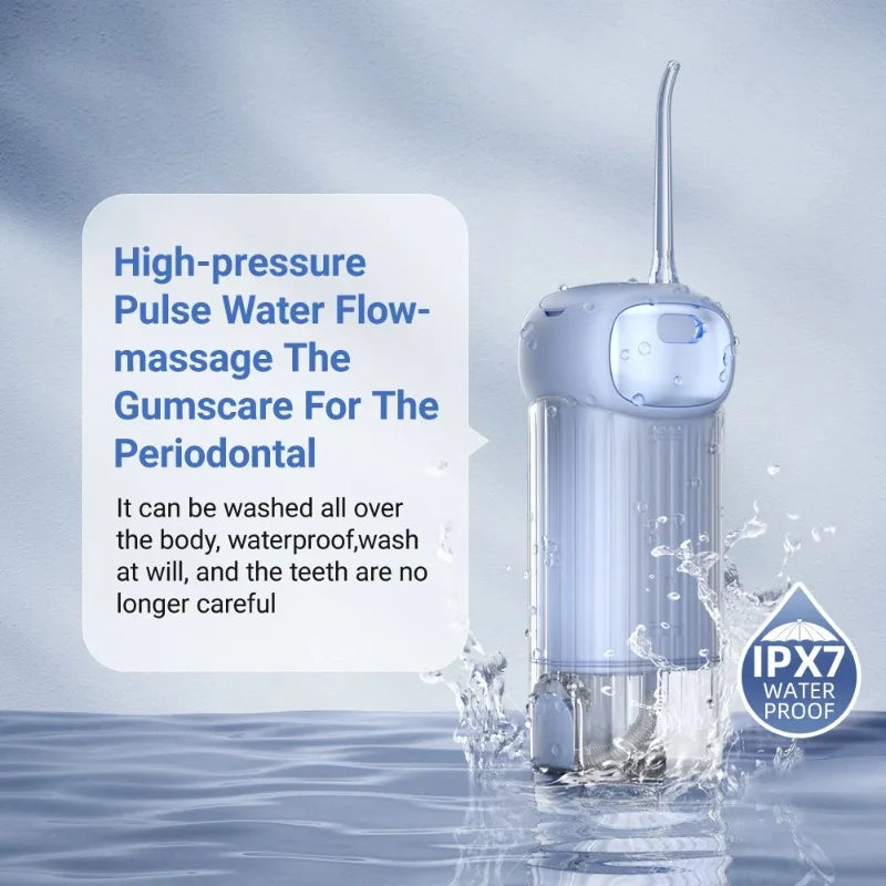 Water flosser with text describing its features and IPX7 waterproof rating on a gray background.