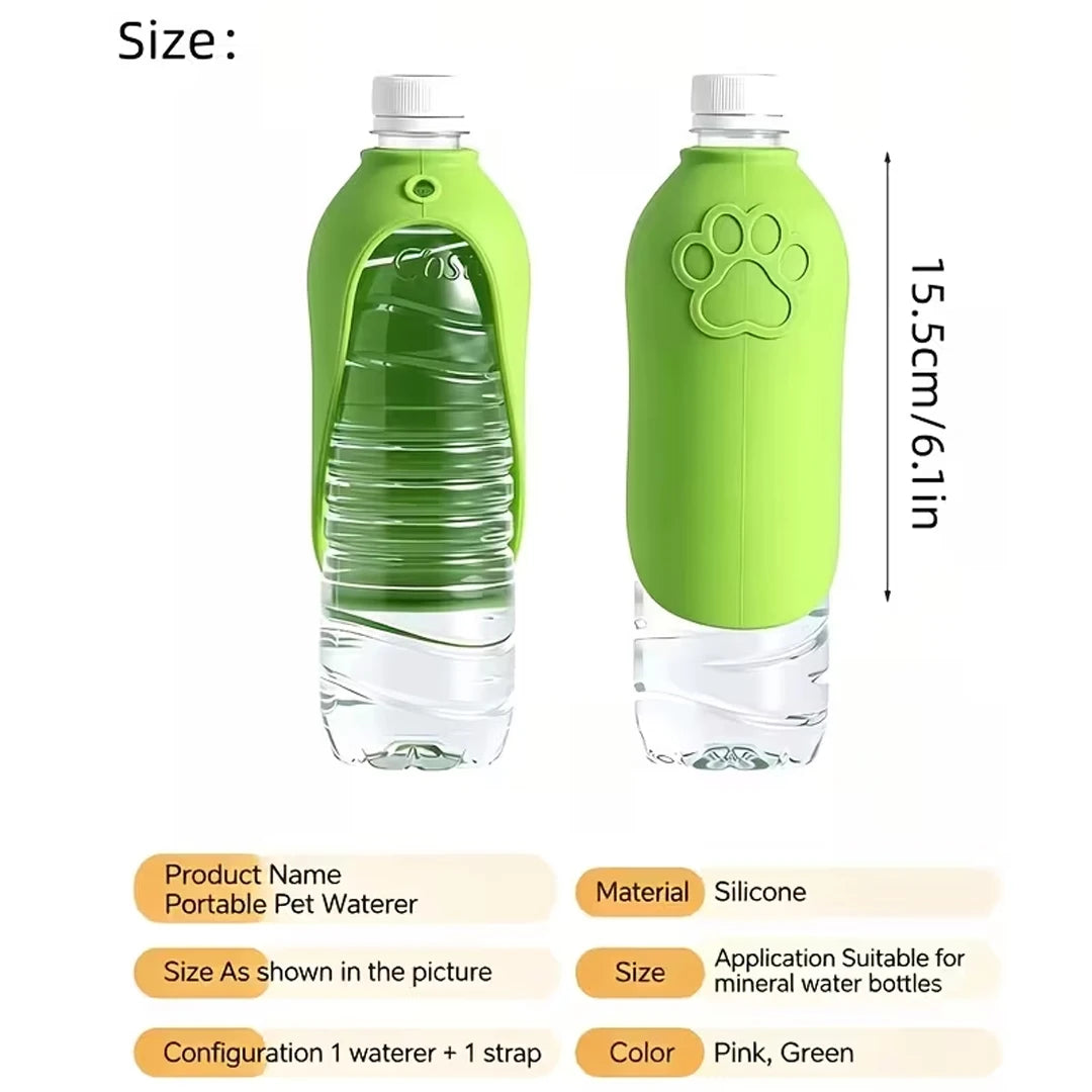 A product information graphic showing two views of a portable pet waterer on clear plastic water bottles. The water bottles are covered in bright green silicone sleeves, one with a side strap loop and one with a paw print design.