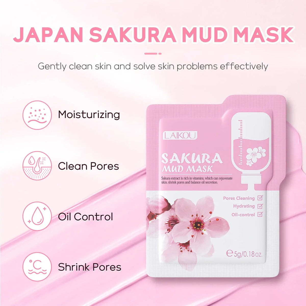 Japan Sakura Mud Mask packaging with features on a pink background