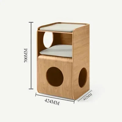 Wooden pet bed with dimensions labeled on a white background