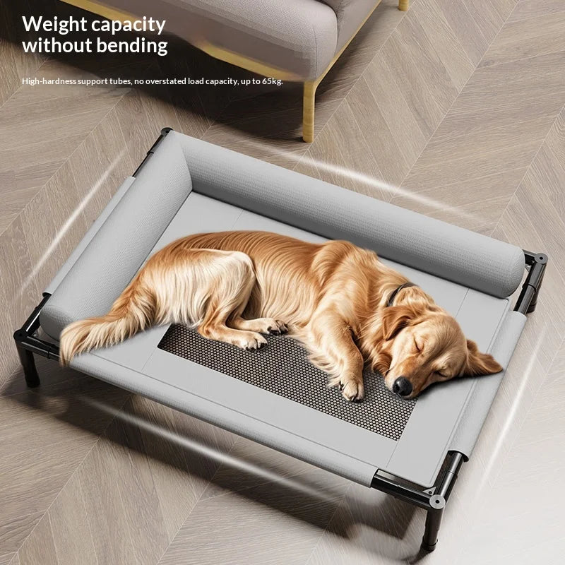 Dog lying on a gray pet bed with weight capacity information displayed.