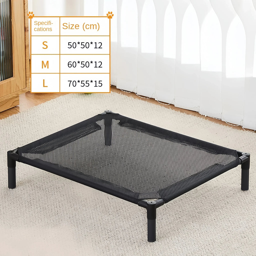 Black pet bed with size chart on a white background