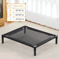 Black pet bed with size chart on a white background