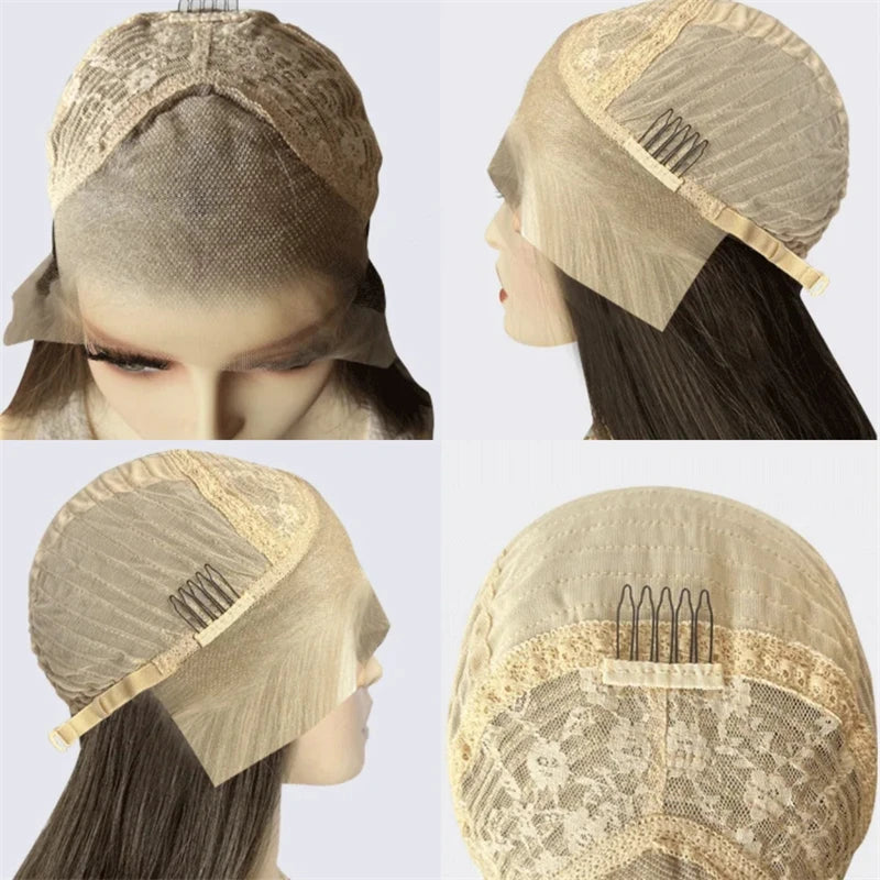 Wig cap with lace front on a mannequin head, shown from multiple angles.