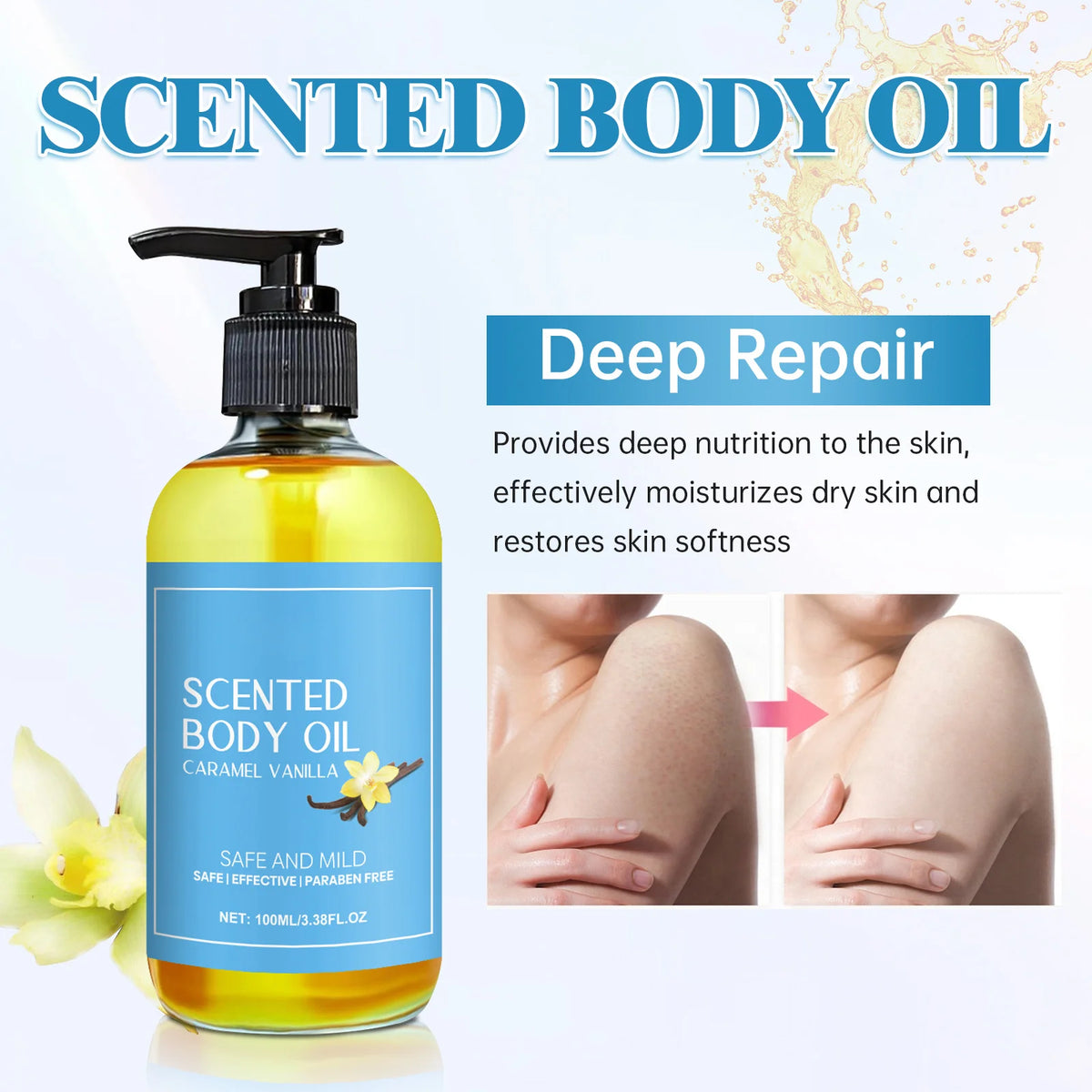 Scented body oil bottle with pump on a light blue background, featuring text about deep repair and moisturizing benefits.