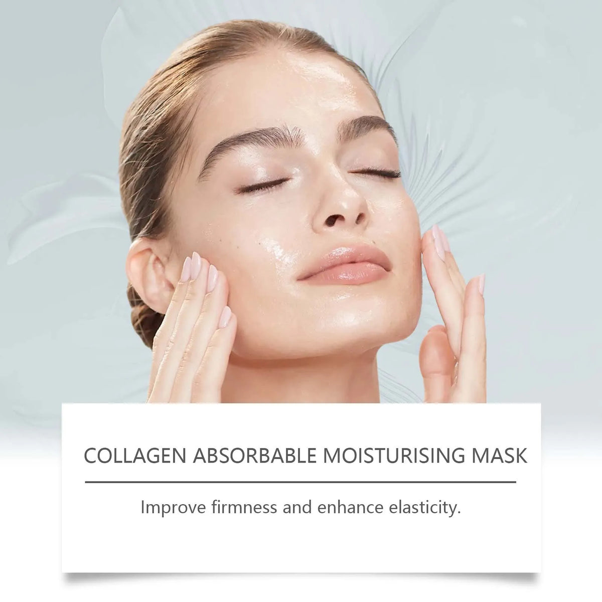 Woman applying a collagen absorbable moisturizing mask with a light blue background