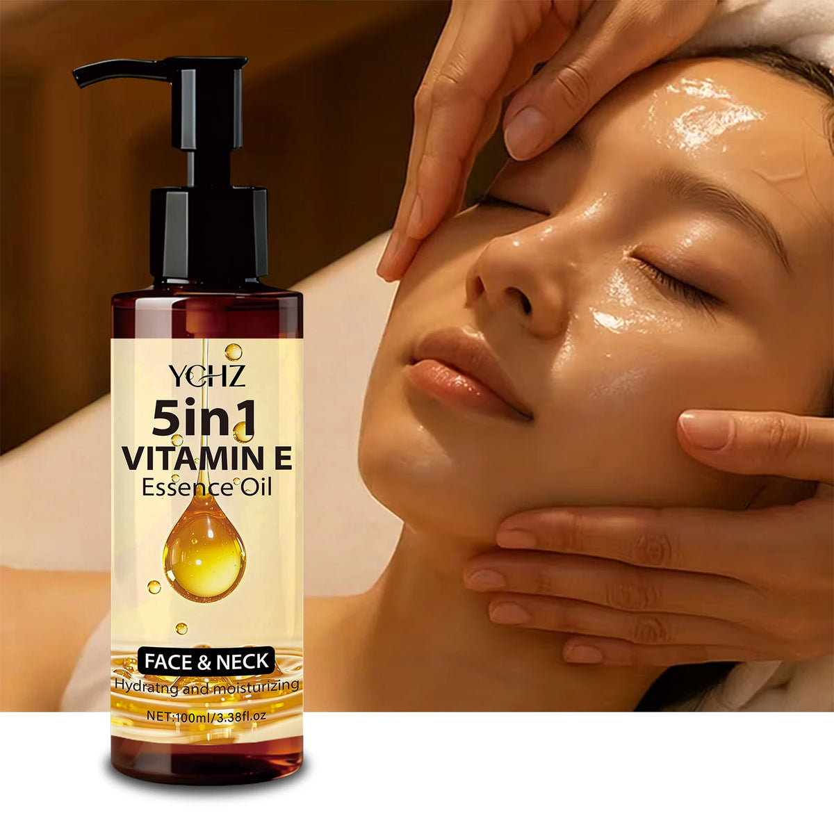YOHZ 5in1 Vitamin E Essence Oil bottle with a woman applying it to her face.