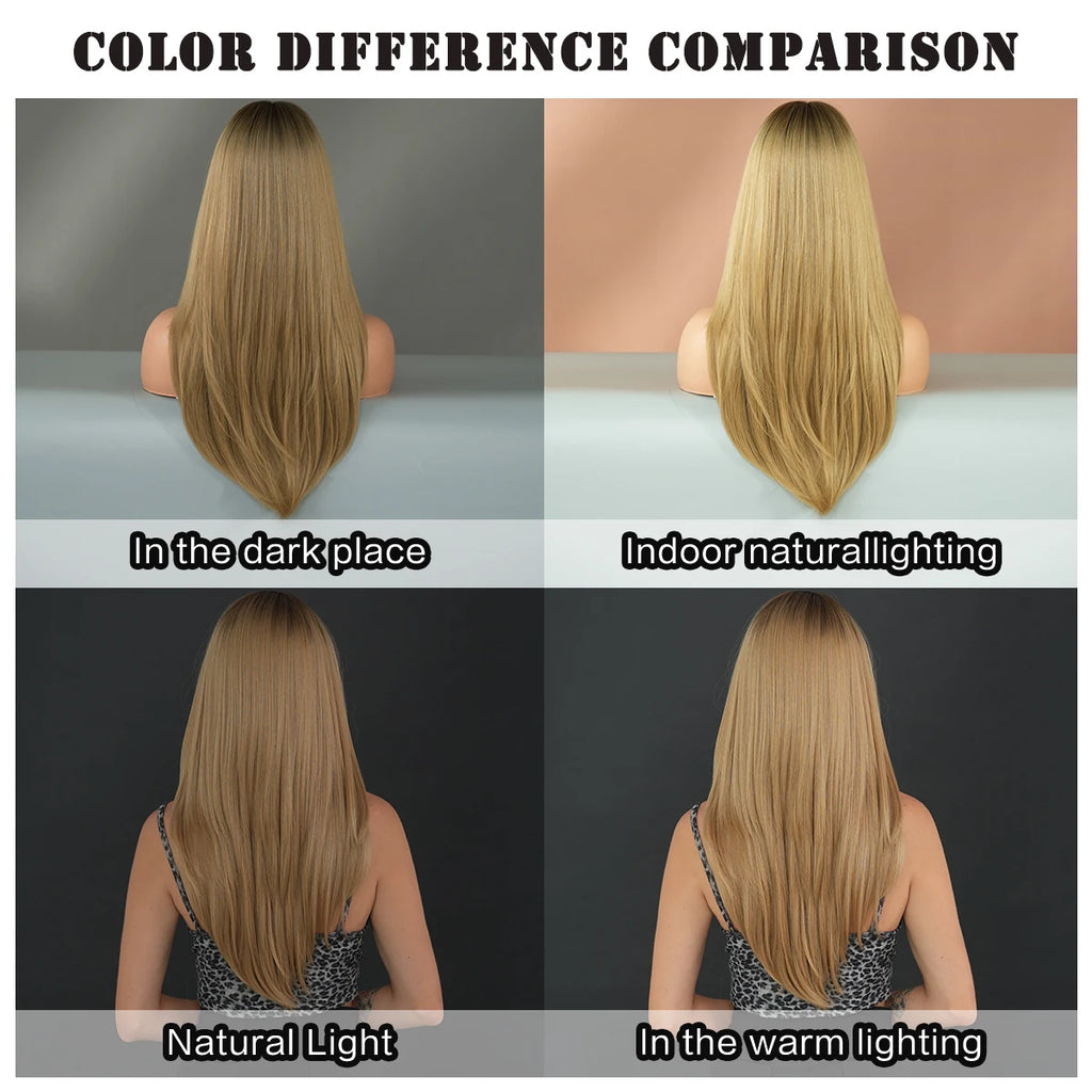 A color difference comparison chart showing a long straight blonde wig from the back in four lighting scenarios: 'In the dark place', 'Indoor natural lighting', 'Natural Light', and 'In the warm lighting'.