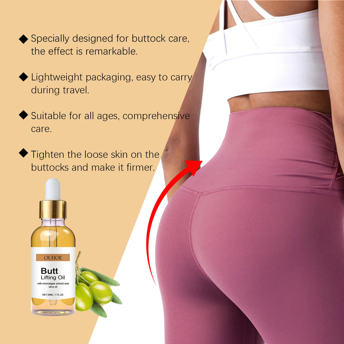 Butt Lifting Oil product with packaging and a person wearing pink leggings on a beige background.