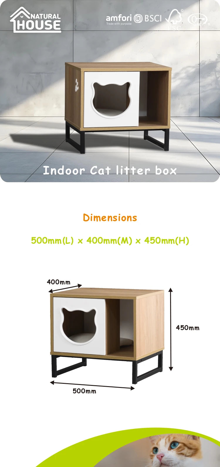 Indoor cat litter box with dimensions and branding on a white background