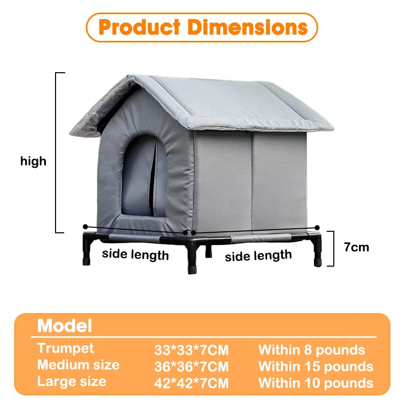 Dimensions of a gray pet house with measurement labels and product dimensions table.