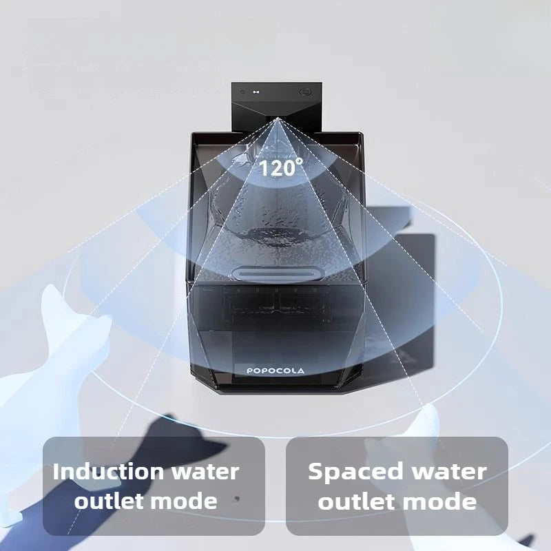 A black countertop water dispenser or humidifier shown from above on a light gray background, with overlaid graphics indicating a 120-degree coverage area and two feature callouts reading 'Induction water outlet mode' and 'Spaced water outlet mode'.