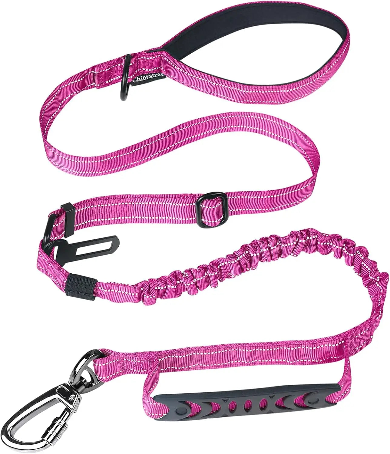 Pink dog leash with bungee feature on a white background