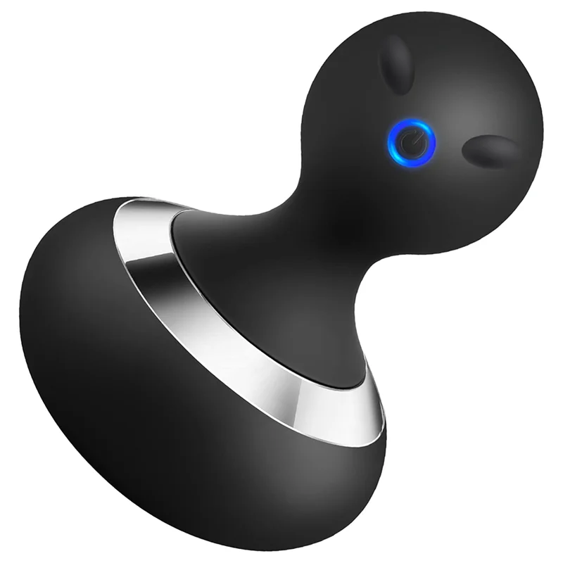 Black silicone personal massager with a metallic silver accent band and a glowing blue LED light on the head, shown against a plain white background.