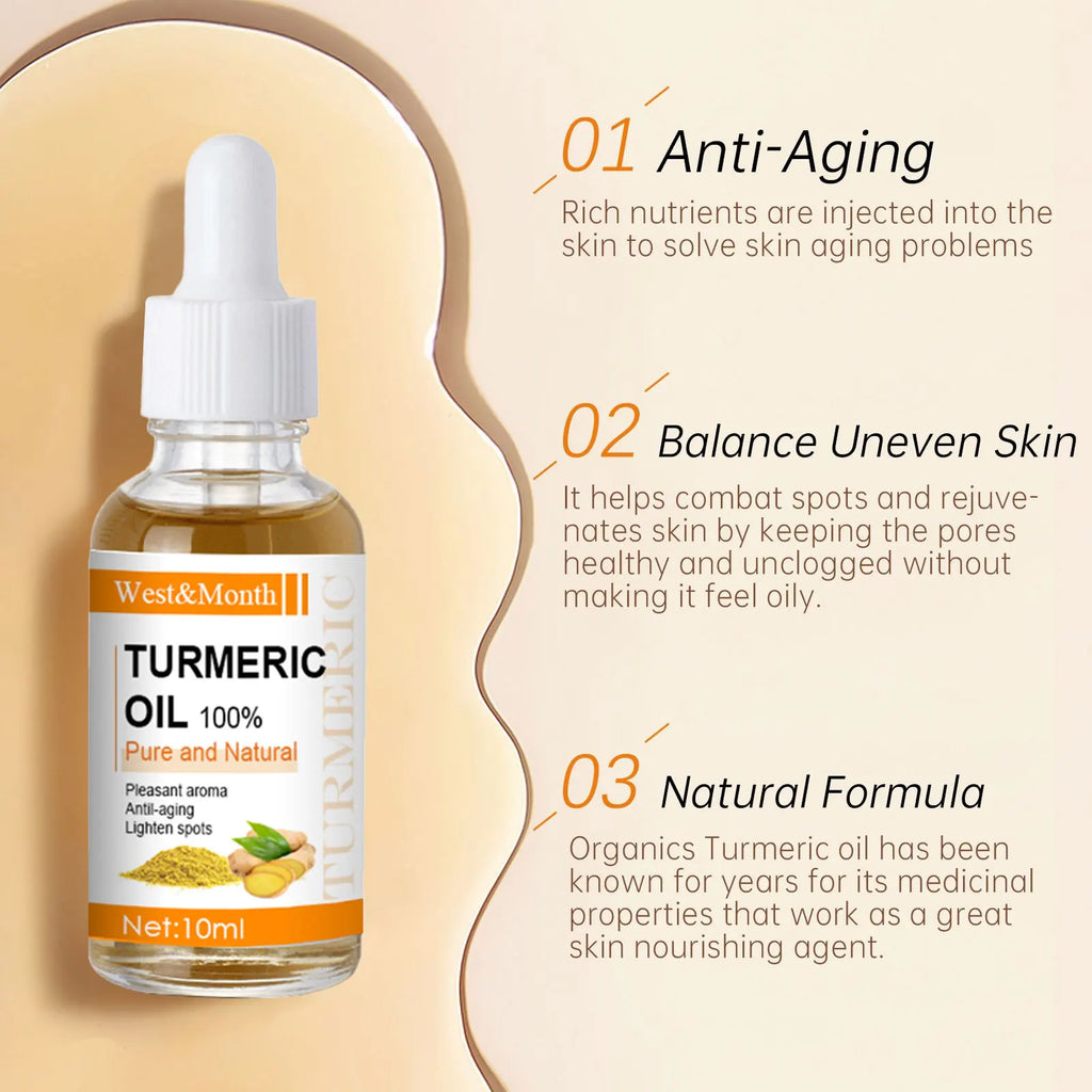 Bottle of West&Monthi Turmeric Oil with text on a beige background