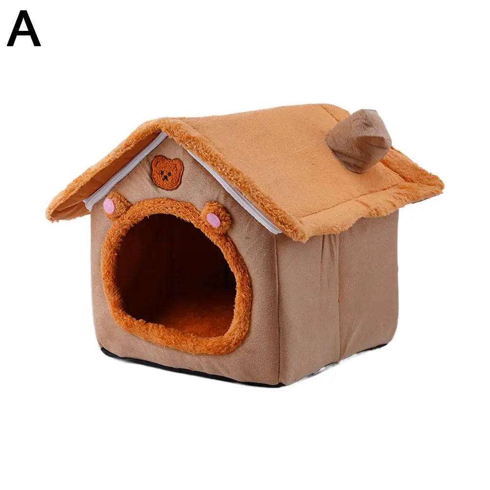 Brown pet house with a roof and entrance on a white background