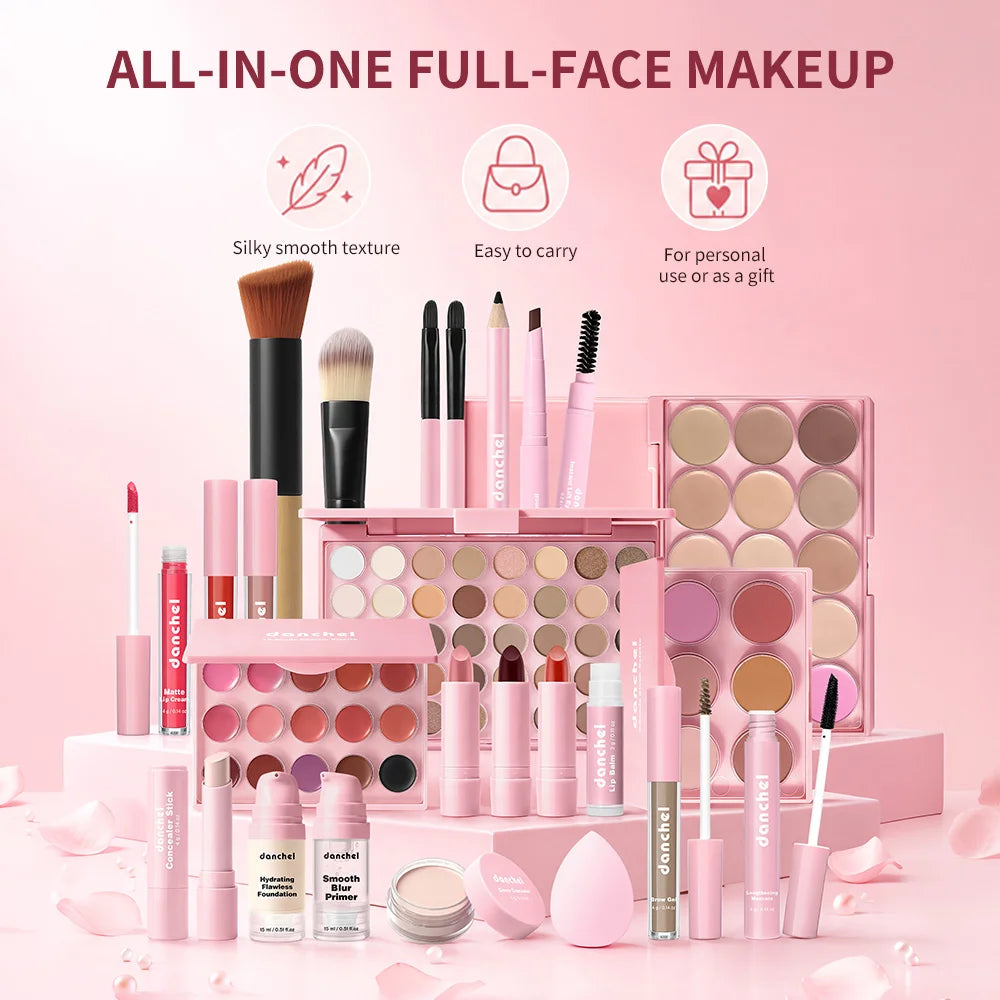 Collection of pink makeup products on a pink background with text highlighting features.