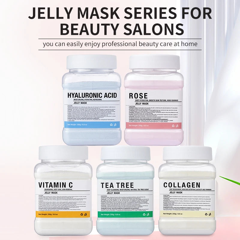 Jelly mask series for beauty salons with labels on a white background