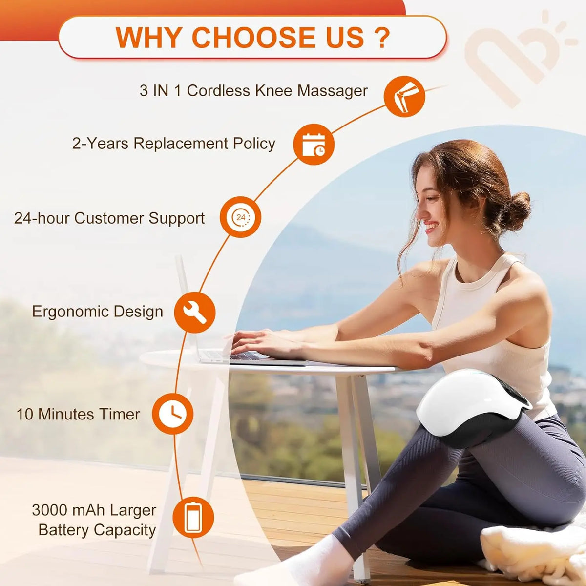 Woman using a knee massager with features listed on an orange and white background