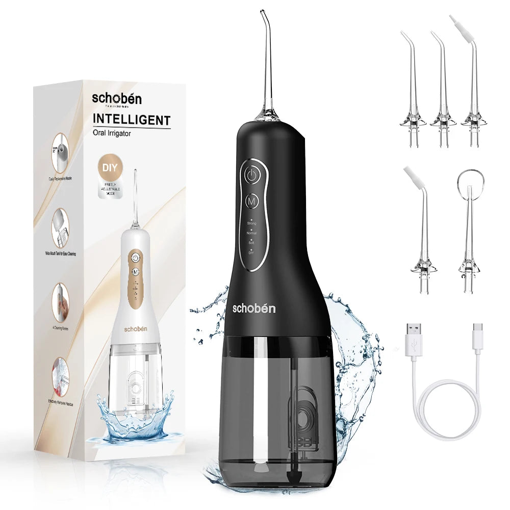 Black oral irrigator with packaging and additional nozzles on a white background