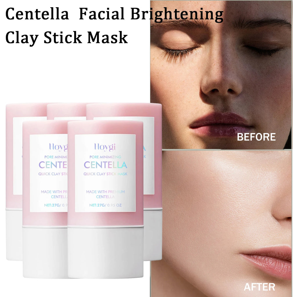Centella Facial Brightening Clay Stick Mask packaging with 'Before' and 'After' effect on a woman's face.