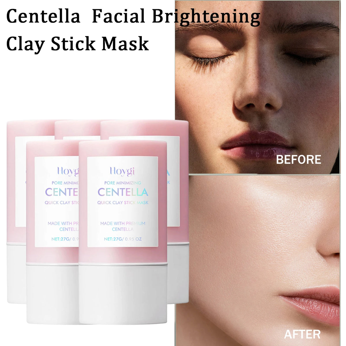 Centella Facial Brightening Clay Stick Mask packaging with 'Before' and 'After' effect on a woman's face.